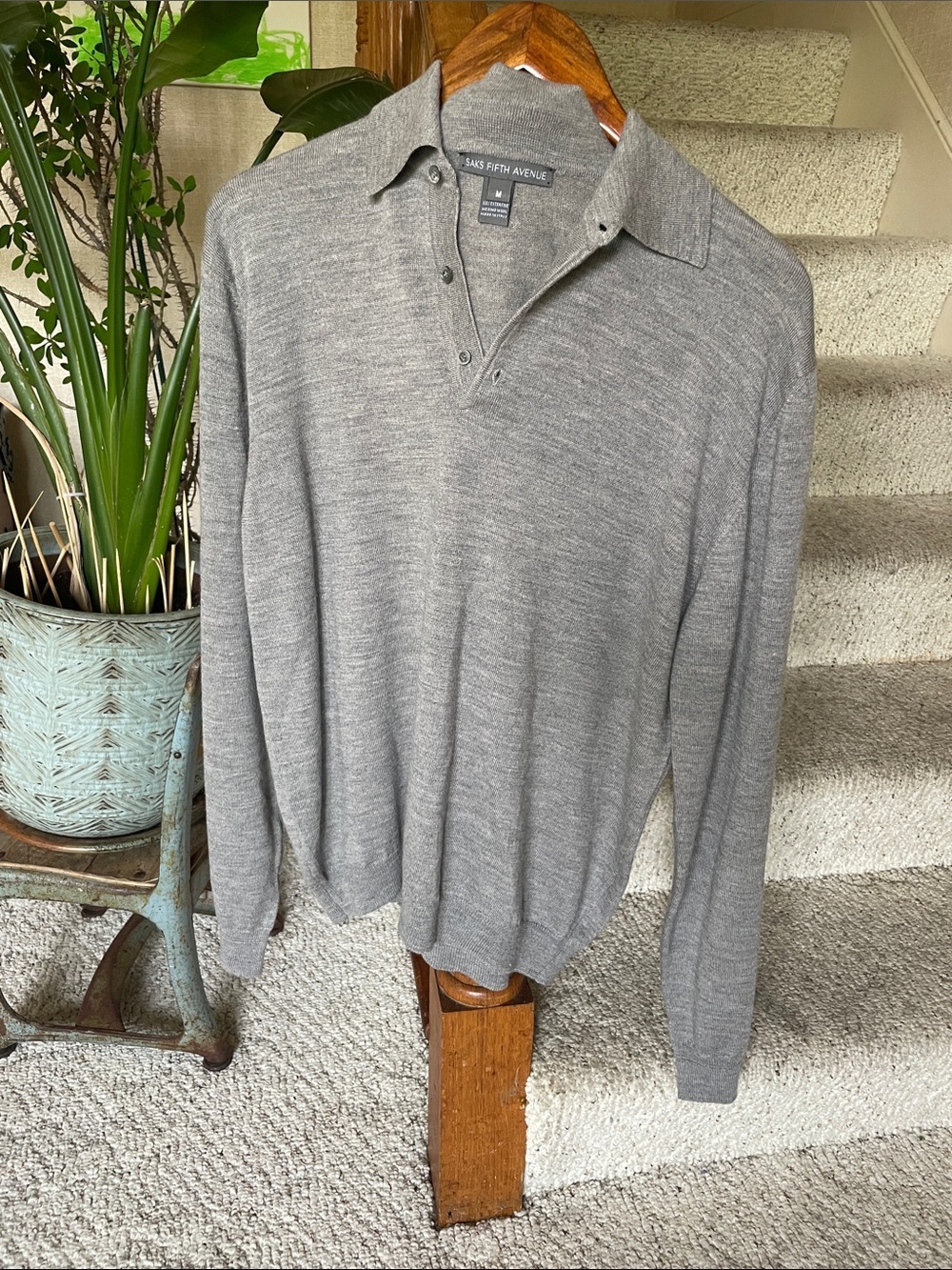 Saks Fifth Avenue Pure Merino Wool Light Grey V-Neck Polo Sweater
